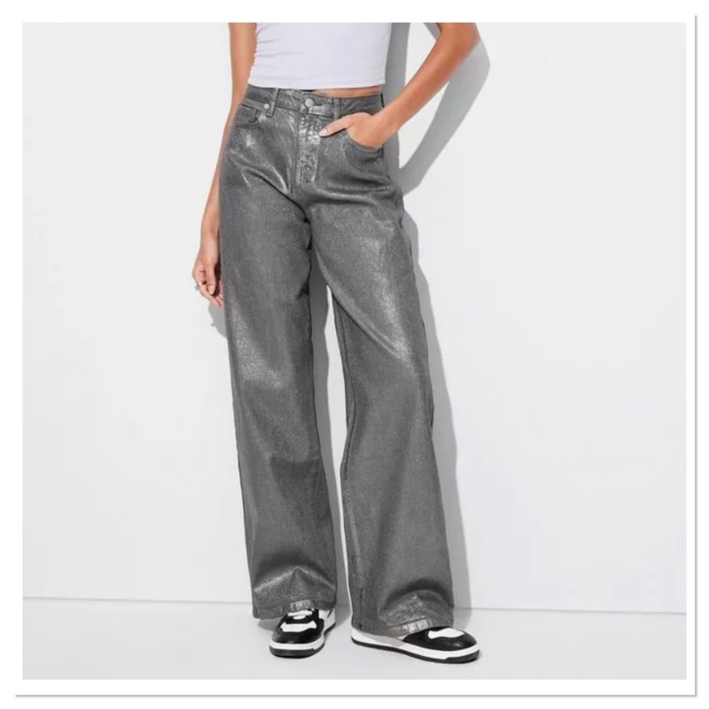 Women’s High Rise Wide Leg Coated Baggy Jeans Wild Fable Dark Gray